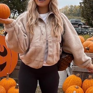 Zenana + Snap Up + Fleece Jacket + Cream + Size: Small